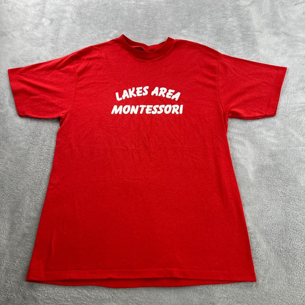 Vintage Lakes Area Montessori Graphic Tee Large Red Men Single Stitch Retro 90s